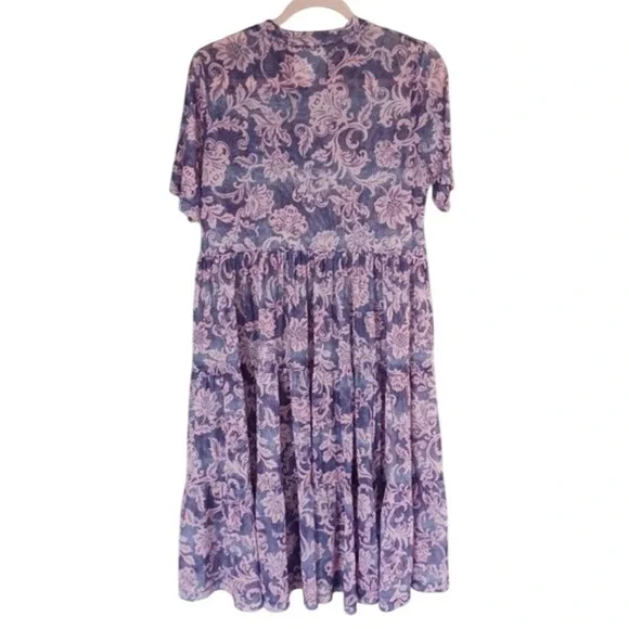 JOHNNY WAS Floral Midi Dress Purple Florentina Sz M & L‎ Mesh Tiered A Line Boho - Picture 5 of 9